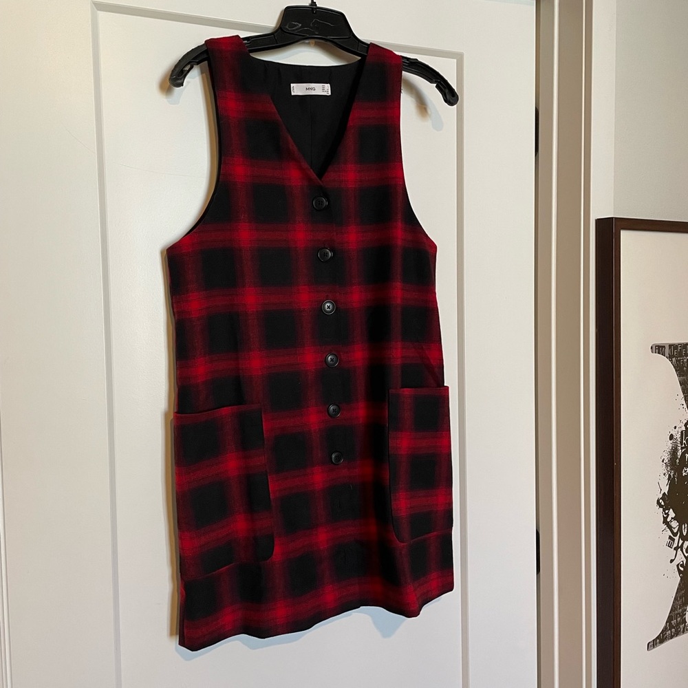 Mango dress. Pull-over style. Opens at front with buttons. Velvety material.
